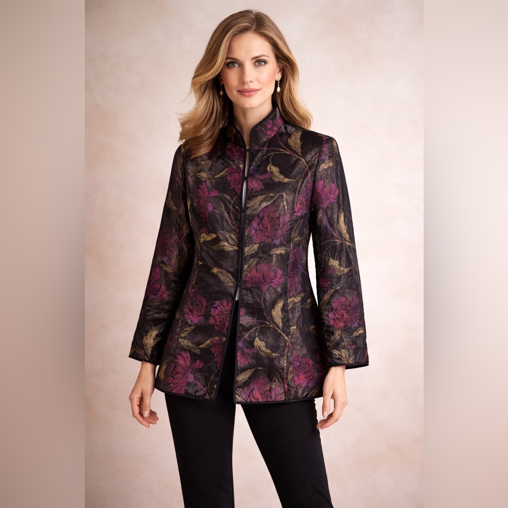 Chico’s Silk Organza Beaded Floral Jacket Vintage Y2K